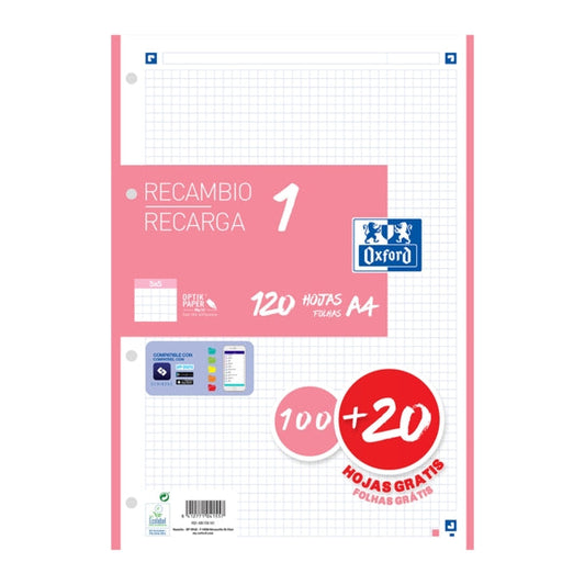 Oxford School Recambio A4 120 Hojas Cuadricula 5x5mm - 4 Taladros - Banda de Color Rosa - Prinkweb