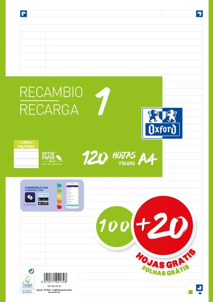 Oxford School Recambio A4 120 Hojas 1 Linea - 4 Taladros - Banda de Color Verde - Prinkweb