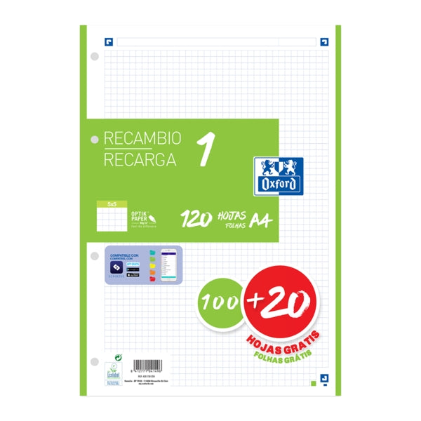 Oxford School Recambio A4 120 Hojas Cuadricula 5x5mm - 4 Taladros - Banda de Color Verde - Prinkweb