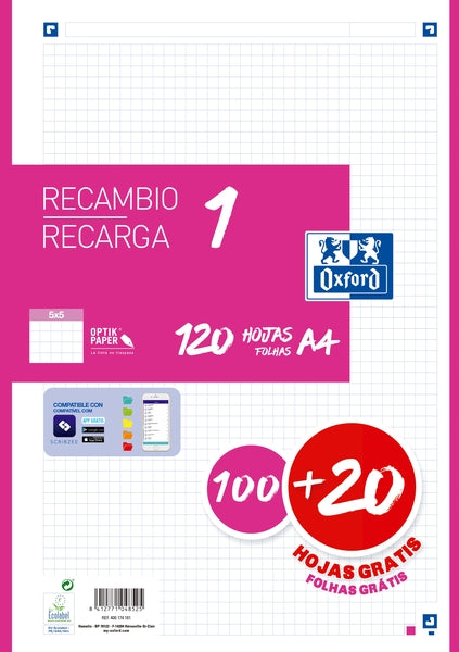 Oxford School Recambio A4 120 Hojas Cuadricula 5x5mm - 4 Taladros - Banda de Color Fucsia - Prinkweb