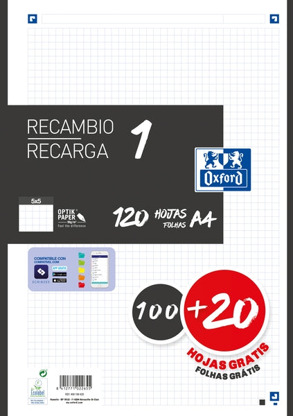 Oxford School Recambio A4 120 Hojas Cuadricula 5x5mm - 4 Taladros - Banda de Color Negro - Prinkweb