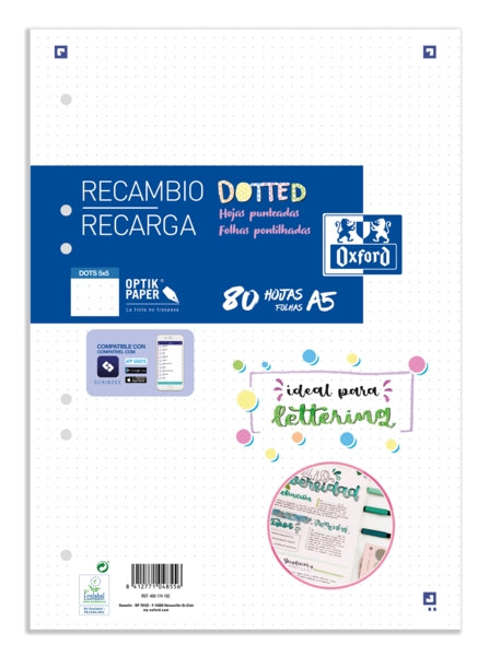 Oxford School A5 Recambio Paquete Dots 80 Hojas - Papel de Alta Calidad - Puntos para Organizar tus Notas - Cantidad: 20 - Prinkweb
