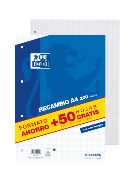 Oxford School Classic A4 Recambio - Paquete 4x4 con Margen - 200 Hojas + 50 Hojas Gratis - Cantidad: 10 - Prinkweb