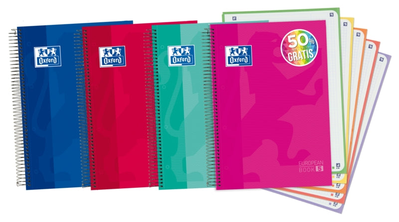 Oxford School Classic A4+ Europeanbook - Tapa Extradura - 5 Liso - 120 Hojas - Colores Surtidos - Cantidad: 5 - Prinkweb