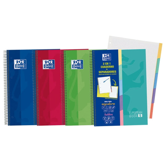 Oxford School Classic A4+ Europeanbook - Tapa Extradura Resistente - 100 Hojas Cuadriculadas 5x5 - 5 Pestañas Troqueladas - Colores Surtidos - Prinkweb