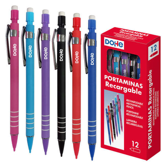 Porte-mine rechargeable Dohe avec corps en plastique - Zone de préhension moletée - Clip en métal - Fonction Pulse