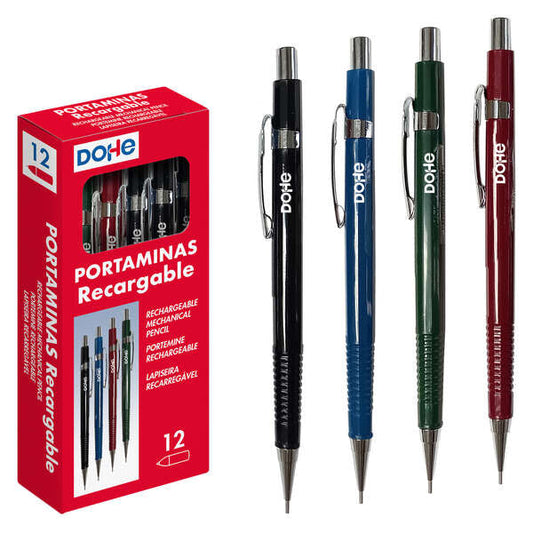 Porte-mine rechargeable Dohe - Corps en plastique - Zone de préhension moletée - Clip, bouton-poussoir et pointe