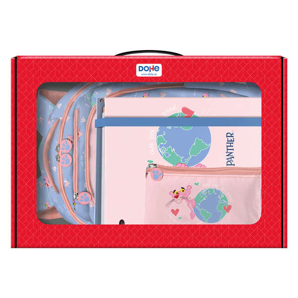 Dohe Pack Sac à dos, classeur et trousse Panthère Rose - Coffret cadeau 365 x 515 x 105 mm - Classeur A4 rechargeable - Grand sac à dos à 3 compartiments - Trousse triple 