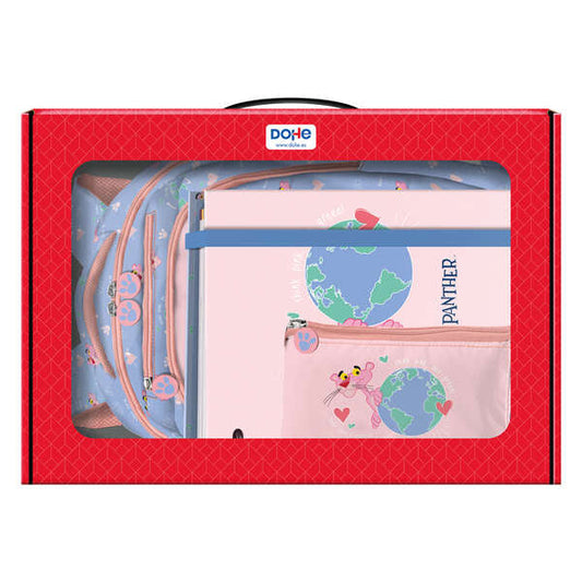 Dohe Pack Sac à dos, classeur et trousse Panthère Rose - Coffret cadeau 365 x 515 x 105 mm - Classeur A4 rechargeable - Grand sac à dos à 3 compartiments - Trousse triple 