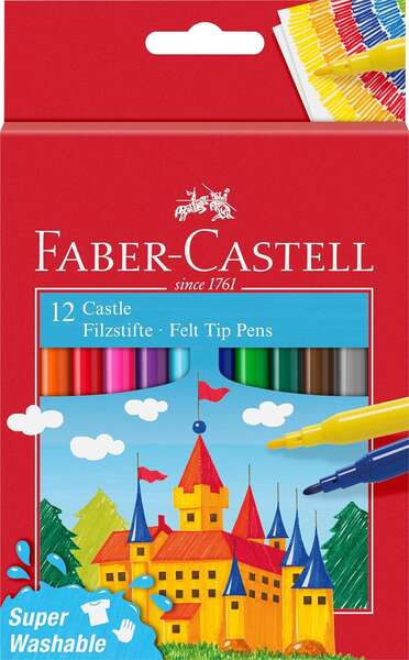 Lot de 12 feutres Faber-Castell Château - Encre lavable à base d'eau - Couleurs assorties