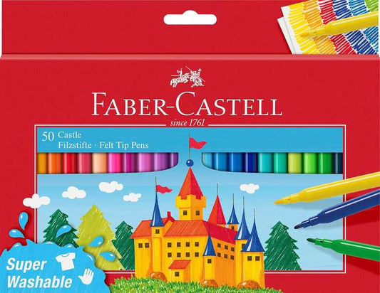Lot de 50 feutres Faber-Castell Château - Encre lavable à base d'eau - Couleurs assorties