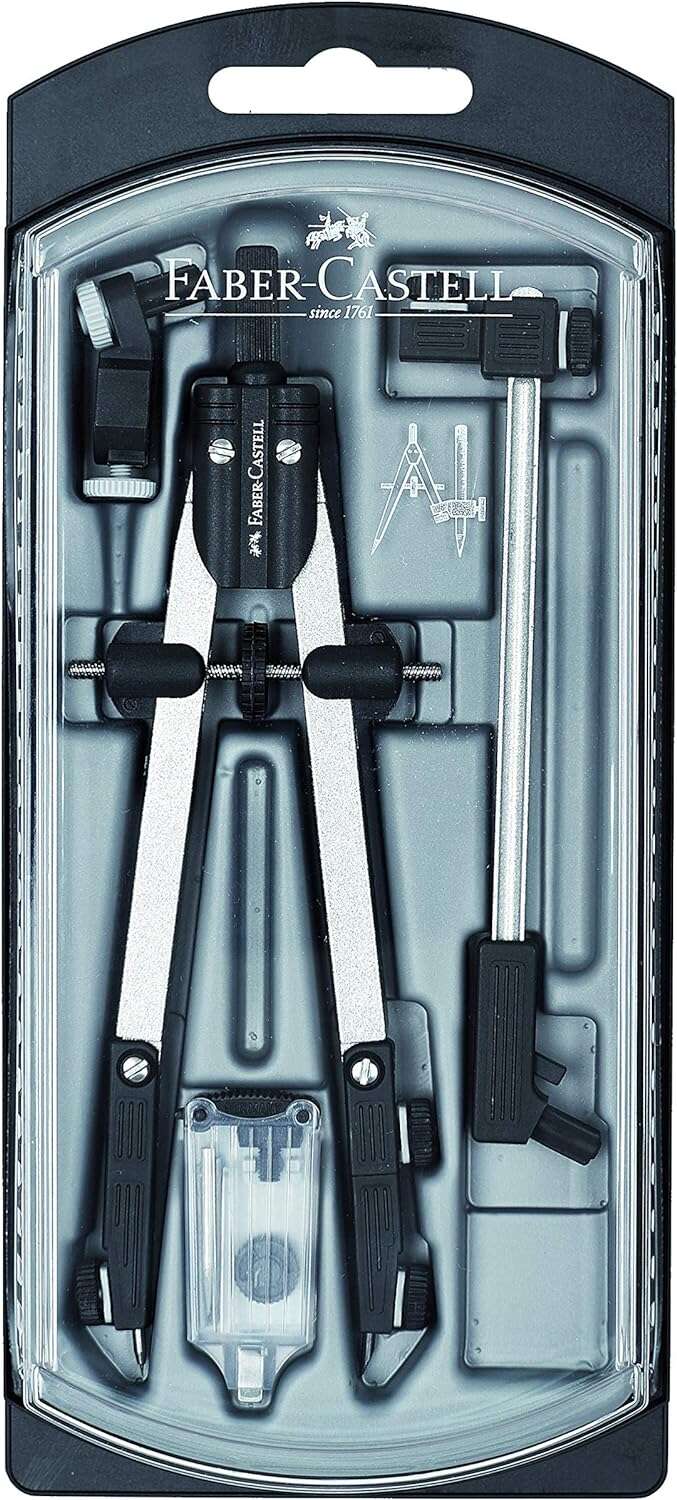 Bússola Faber-Castell de ajuste rápido com extensão - Articulações em ambos os braços - Acessórios de substituição - Adaptador universal 