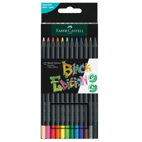 Conjunto de 12 lápis de cor Faber-Castell Black Edition - Mina supermacia - Madeira preta - Ideal