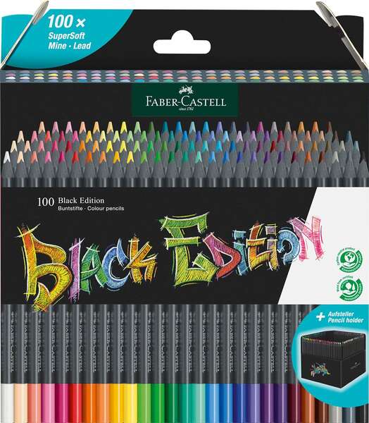 Faber-Castell Black Edition - Pack de 100 Lápis de Cor - Mina Super Macia - Madeira Preta - Ideale