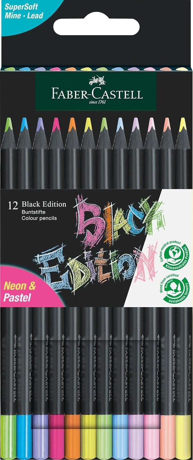 Faber-Castell Black Edition Lapices de Colores Neon+Pastel - Mina Supersuave - Madera Neg