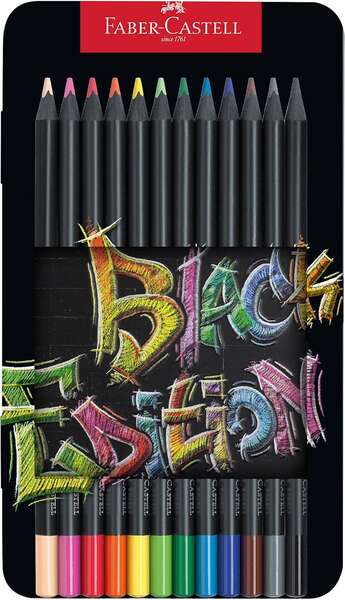 Boîte métallique Faber-Castell Black Edition de 12 crayons de couleur - Mine extra tendre - Bois noir