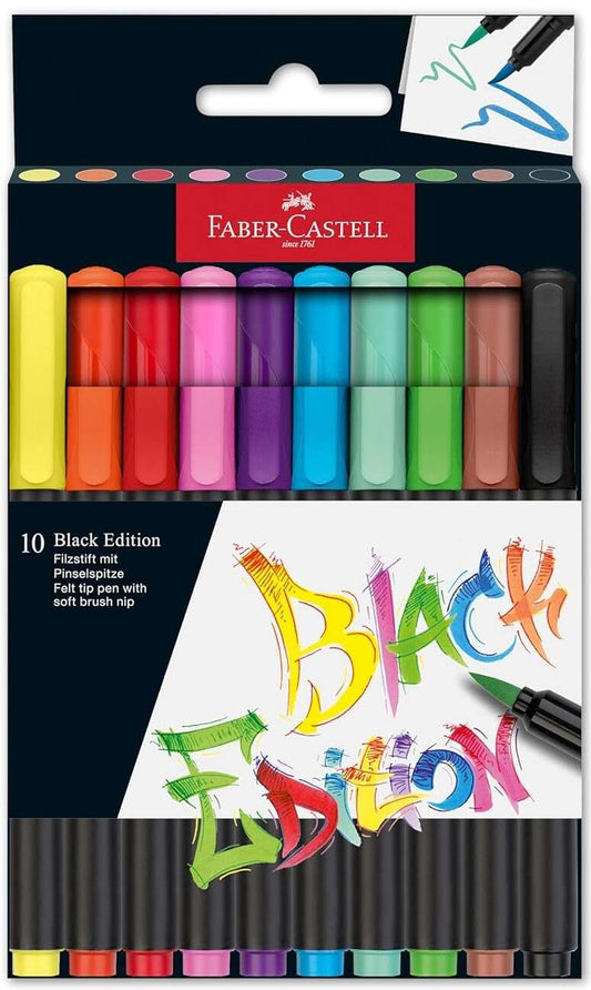 Lot de 10 feutres à pointe pinceau Faber-Castell Black Edition - Encre à base de colorant alimentaire