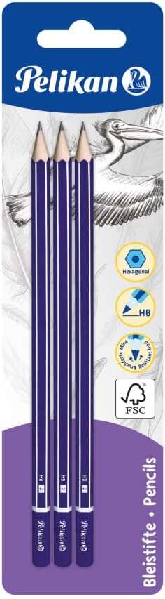 Lot de 3 crayons à papier HB en bois Pelikan - Mine en graphite - Corps verni - Section hexagonale