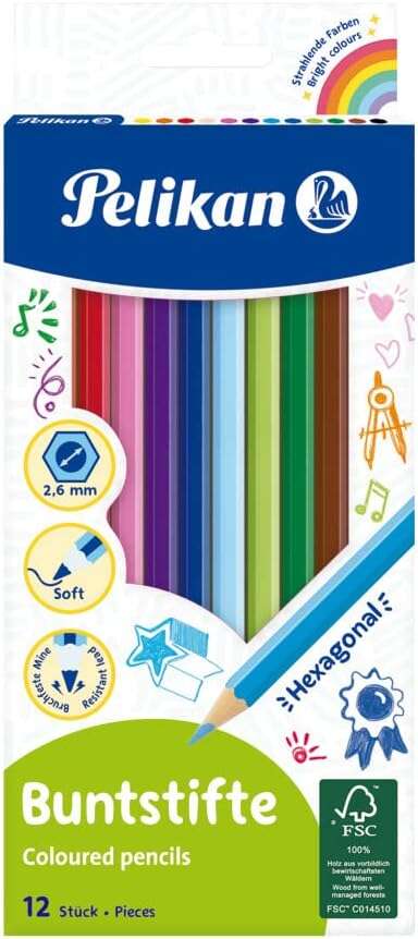 Boîte de 12 crayons de couleur hexagonaux laqués Pelikan - Mine incassable - Certifiés FSC