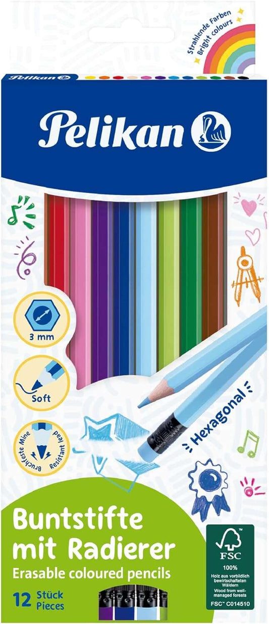 Boîte de 12 crayons de couleur hexagonaux effaçables Pelikan - avec gomme - Mine incassable - Certifiés