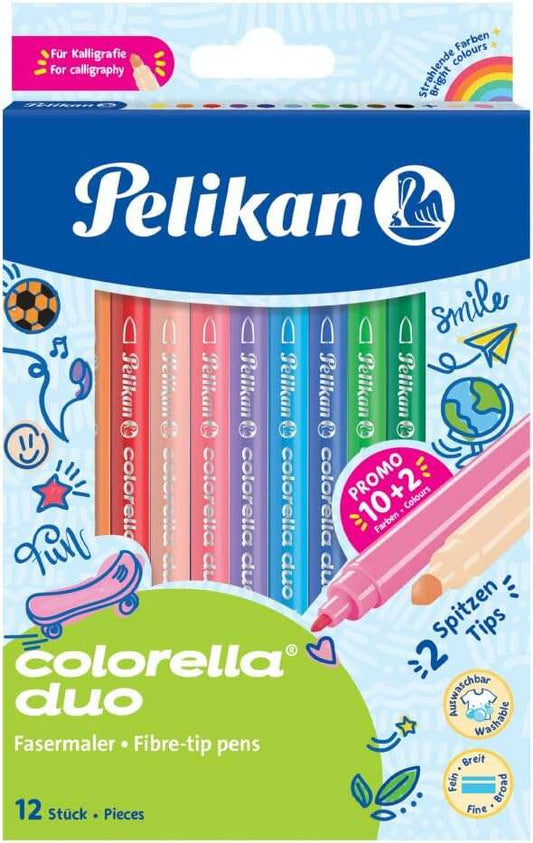 Boîte de 12 feutres scolaires Pelikan Colorella Duo C407 (10+2 couleurs) - Pointe double fine 1 mm et large