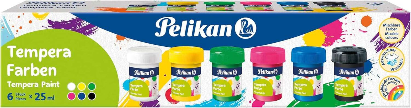 Conjunto de 6 tintas têmpera escolares Pelikan - Frascos de 25ml - Fáceis de misturar - Ideais para projetos escolares 