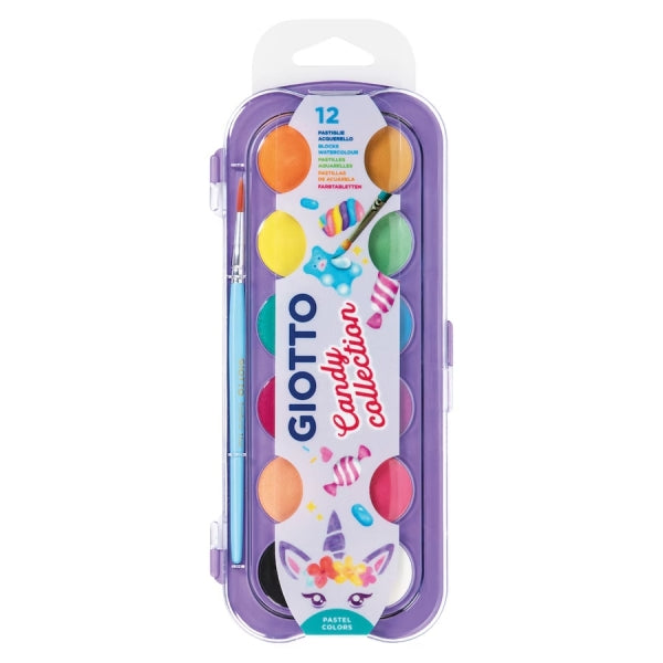 Coffret Giotto Candy Collection de 12 aquarelles 30 mm + pinceau - Couleurs vives, intenses et éclatantes