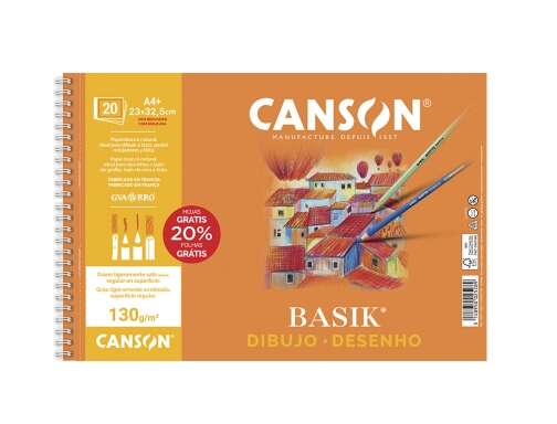 Canson Basik Cuaderno de Dibujo A4+ 20 Hojas Microperforadas 130g/m² - Sin Recuadro - Medidas 23x32.5cm - Color Blanco - Prinkweb
