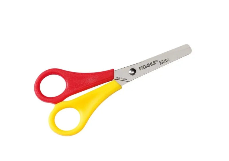 Tesoura para criança Dahle 54626 para canhotos, 13 cm, pontas arredondadas, aço inoxidável, vermelha/amarela 