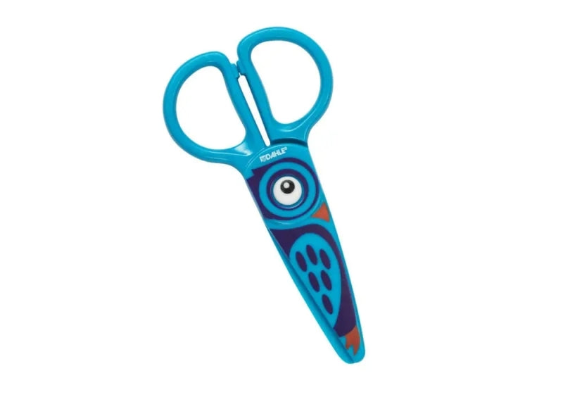 Tesoura infantil Dahle 54676 de 12 cm para os mais pequenos - Lâminas de plástico - Pontas arredondadas - Desenho de coruja - Azul 