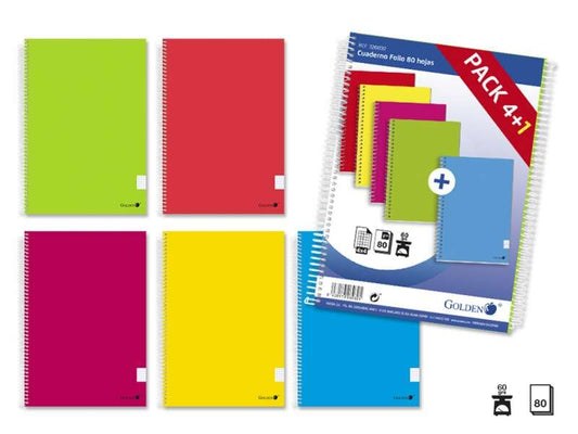 Golden Pack 5 unidades Cuadernos Espiral Folio 80 Hojas Cuadricula 4x4 - Margen Remarcado - Tapa Normal Plastificada - Colores Surtidos - Prinkweb