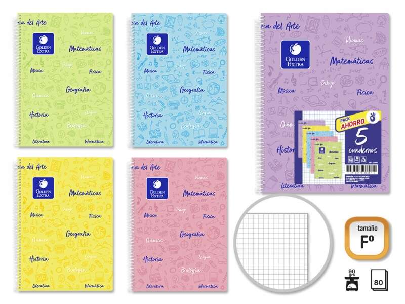 Golden Pack 5 unidades Cuadernos Asignatura Folio 80 Hojas 90gr Cuadricula 4x4 - Resistente - Tapa Dura - Ideal para Estudiantes - Colores Pastel Surtidos - Prinkweb