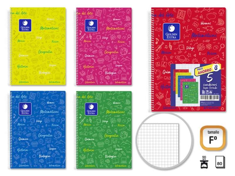 Golden Pack 5 unidades Cuadernos Asignatura Folio 80 Hojas 90gr Cuadricula 4x4 - Resistente - Ideal para Estudiantes - Tapa Flexible - Colores Surtidos - Prinkweb