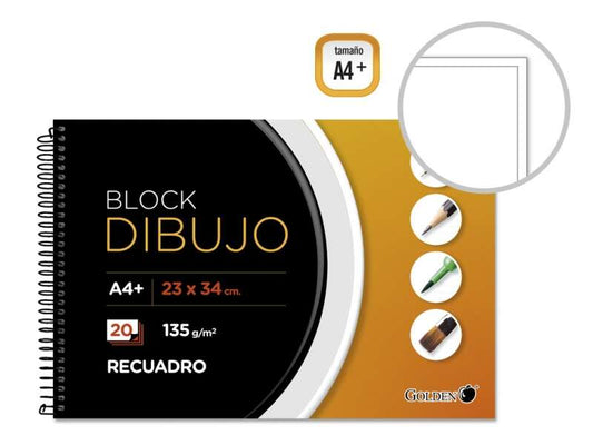 Golden Cuaderno de Dibujo A4+ con 20 Hojas - Papel de 135gr - Recuadro Interior Tamaño A4 - Prinkweb