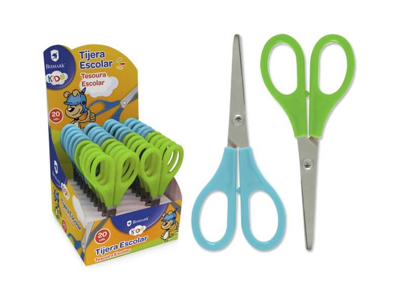 Tesoura escolar infantil Bismark 13cm - Cabos em plástico - Ponta arredondada - Cores azul e verde - Quantidade: 20