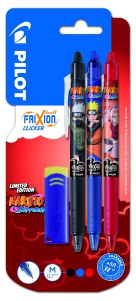 Stylos gel rétractables effaçables Pilot Frixion Clicker Naruto Shippuden (lot de 3) + gomme - P