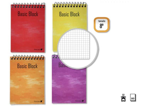 Golden koaderno espiralatua goiko aldean 8.a horizontalean (153x102 mm) 80 orri 60 g sareta 4x4 - Azal plastifikatua - Marjina nabarmendua - Hainbat kolore - Kopurua: 10