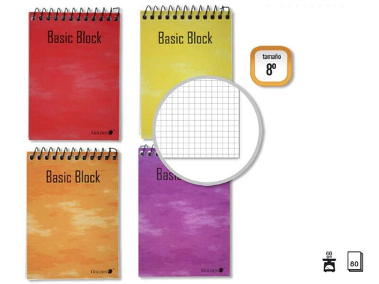 Golden Cuaderno Espiral Superior 8º Apaisado (153x102mm) 80 Hojas 60gr Cuadricula 4x4 - Tapa Plastificada - Margen Remarcado - Colores Surtidos - Cantidad: 10 - Prinkweb