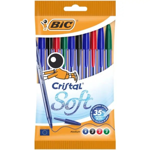 Lot de 10 stylos à bille Bic Cristal Soft - Pointe moyenne 1,2 mm - Largeur de trait 0,45 mm - Écriture plus fluide