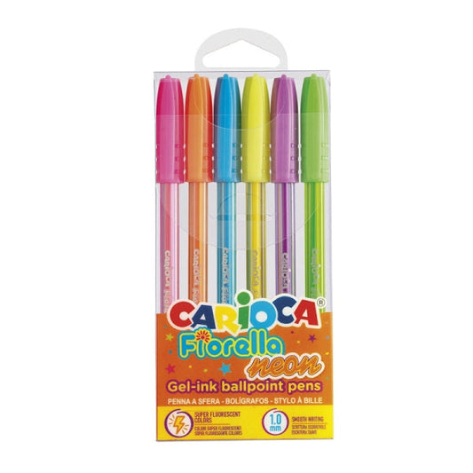 Carioca Fiorella Neon Boligrafos de Colores Tinta Gel - Punta de Bola 1mm - Cuerpo Transpa