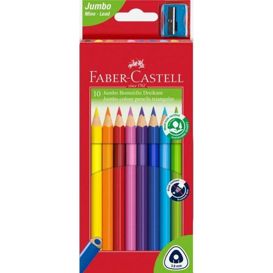 Faber-Castell Jumbo Junior Lapices de Colores Triangulares + Sacapuntas - Mina Resistente a la Rotura - Lavable - Colores Surtidos