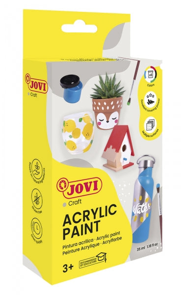 Conjunto de tinta acrílica Jovi com 6 frascos + pincel - Acabamento acetinado - Alta cobertura - Fácil aplicação - Resistente à água e sabão - Cores sortidas 