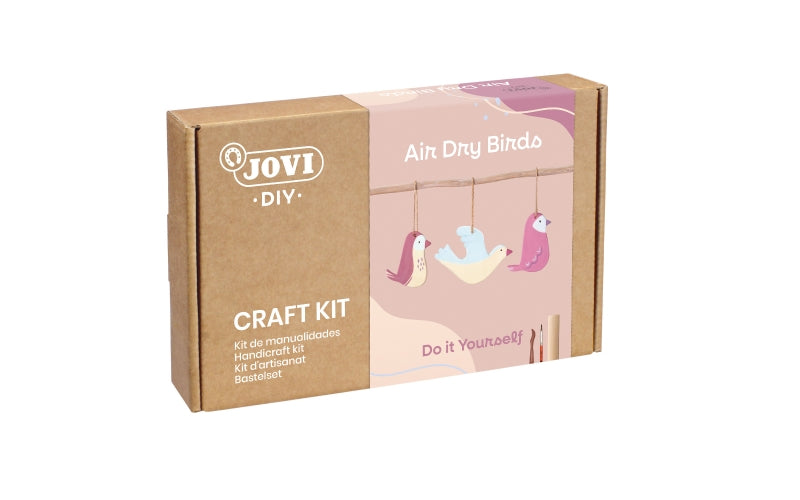 Kit de artesanato para fazer pássaros Jovi - Massa de modelar de secagem ao ar - 500g - Rolo de madeira - Ferramentas de modelagem - Tinta guache - Pincéis - Caderno - Cordão de linho - Cores sortidas 