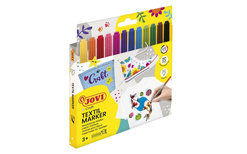 Lot de 12 marqueurs textiles Jovi - Encre à base d'eau - Pointe pinceau - Séchage rapide