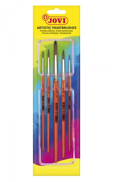 Jovi Artistic Paintbrushes Blister Pack of 5 Round Brushes - Natural Hair - Wooden Handle - Sizes 00 to 12 - Round Tip - Soft Hair - Assorted Colors
