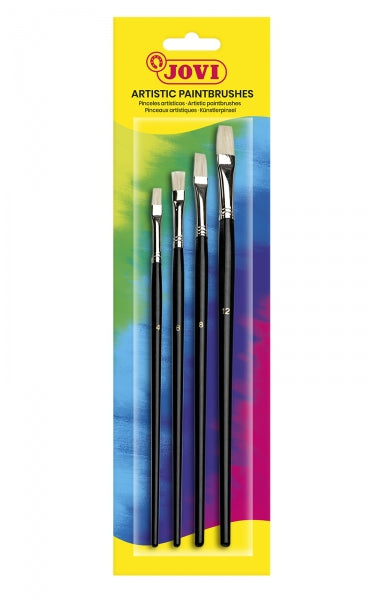 Jovi Artistic Paintbrushes Blister Pack of 4 Flat Brushes - Natural Bristles - Wooden Handle - Flat Tip - Stiff Bristles - Black