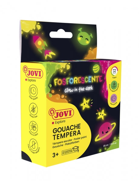 Jovi Gouache Estuche de 4 Botes de Tempera 35ml Tempera Escolar - Colores Fosforescentes - Brilla en la Oscuridad - Secado Rapido - Excelente Adherencia - Lista para Usar - Color Surtido