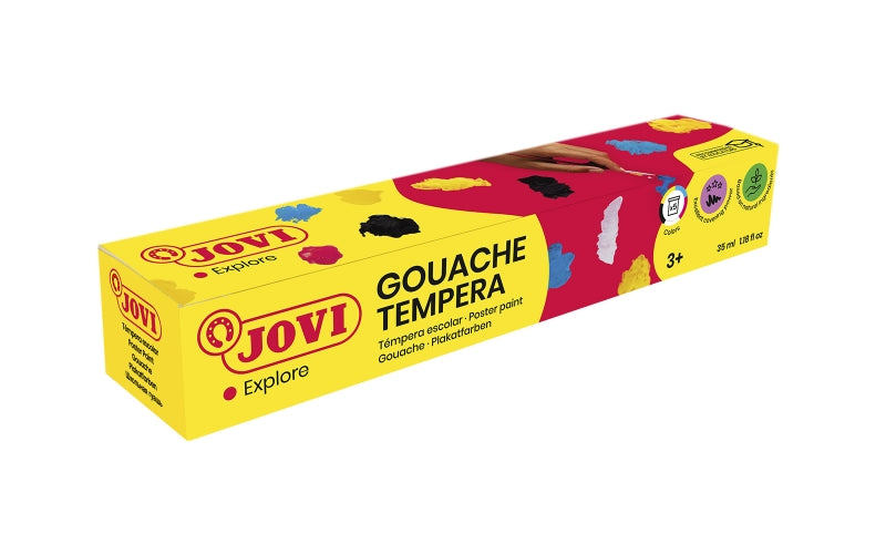 Coffret de 5 pots de peinture gouache Jovi de 35 ml, type tempera scolaire, miscibles, pour papier, carton, bois, tissu, pâte à modeler et argile. Pinceau inclus. Couleurs assorties. 