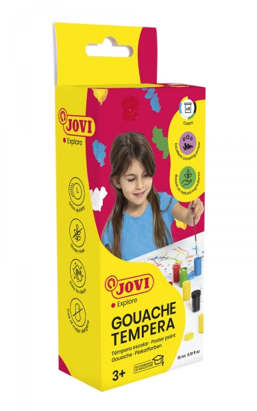 Conjunto de 6 potes de guache e têmpera Jovi de 15ml + pincel - Misturáveis ​​​​- para papel, cartão, madeira, tecido, barro de modelar ou barro - Cores sortidas 