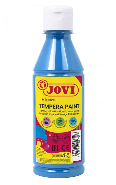 Jovi Tempera Paint Tempera Liquida 250ml - Base Agua - Lista para Usar - Alto Poder Cubriente - Secado Rapido - Excelente Fluidez - Adherencia en Multiples Superficies - Color Azul Cyan